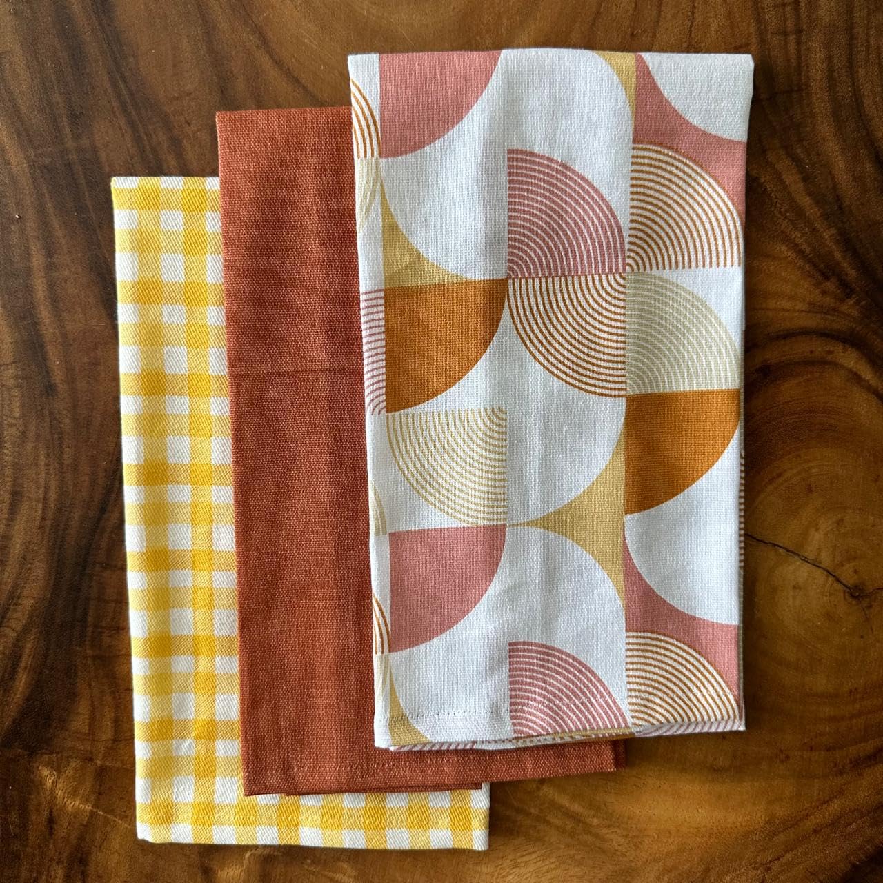 Rust Abstract Geometric Cotton Kitchen Towels ,  Set of 3 - 15x23 Inches