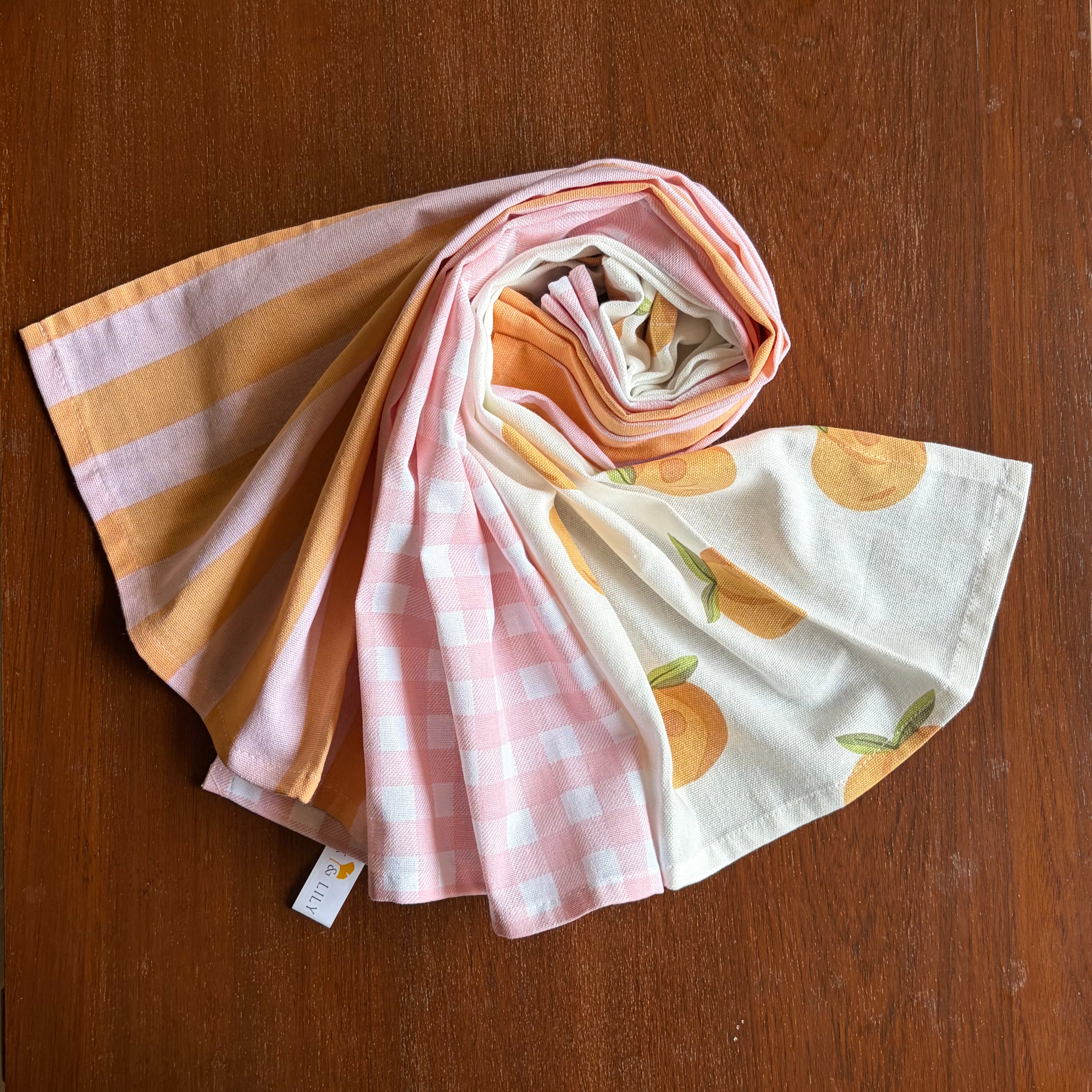 Peach, Pink Checks & Stripe Print Cotton Kitchen Towels , Set of 3 - 15x23 Inches