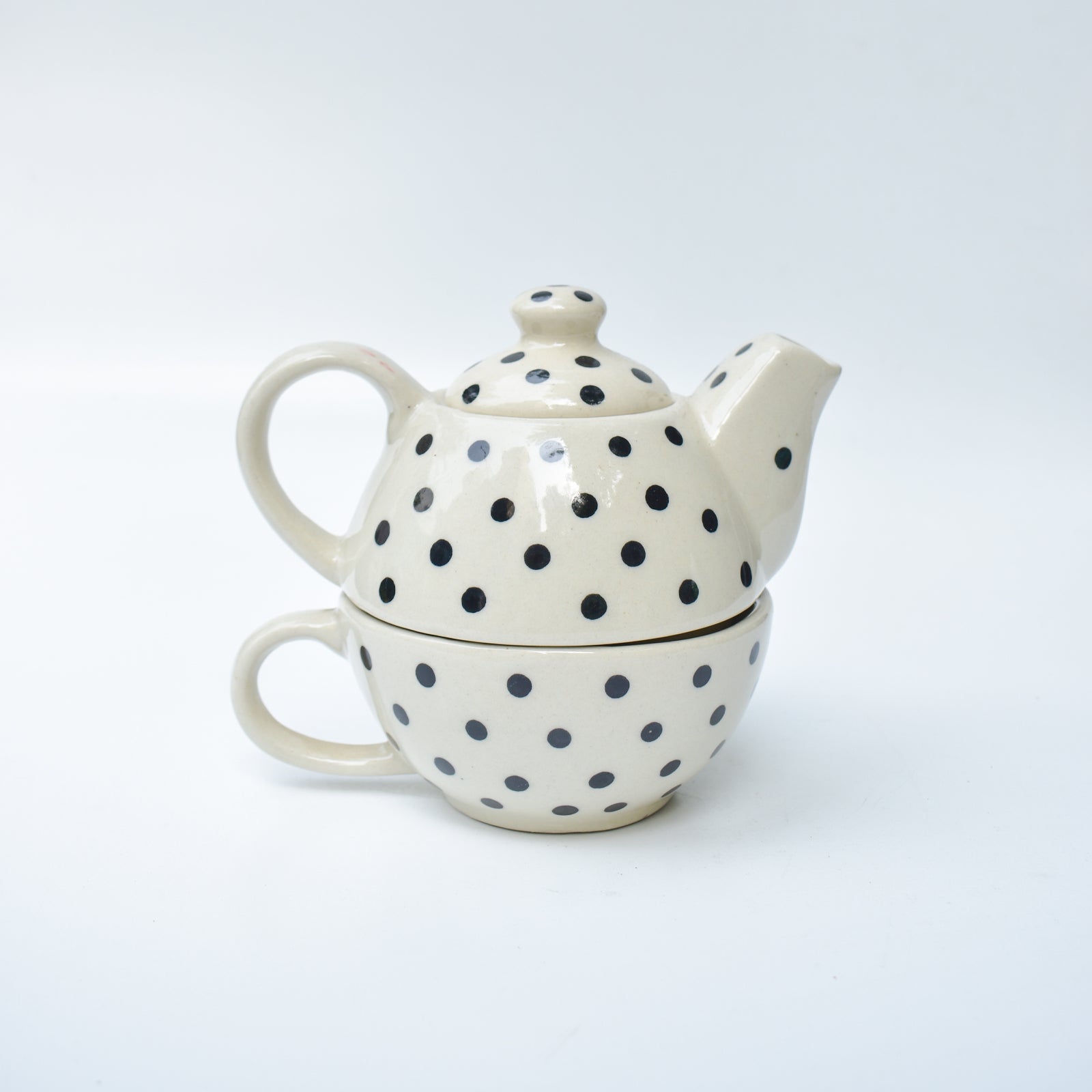 Polka Dot Ceramic Tea Pot and Cup Set - 7.5x2.5 Inches