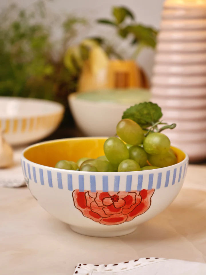 Stripe And Stem Handpainted Ceramic Bowl - 5.90 x 2.75 Inches , 16oz (Set of 2)