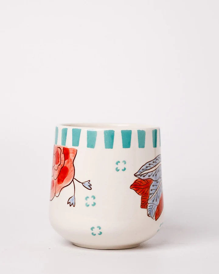 Stripe And Stem Handpainted Ceramic Coffee Mug - 4.72 x 3.15 x 3.54 Inches , 10 oz (Set of 4)