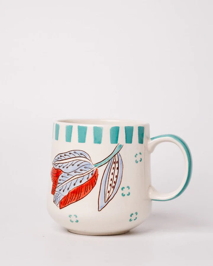 Stripe And Stem Handpainted Ceramic Coffee Mug - 4.72 x 3.15 x 3.54 Inches , 10 oz (Set of 4)