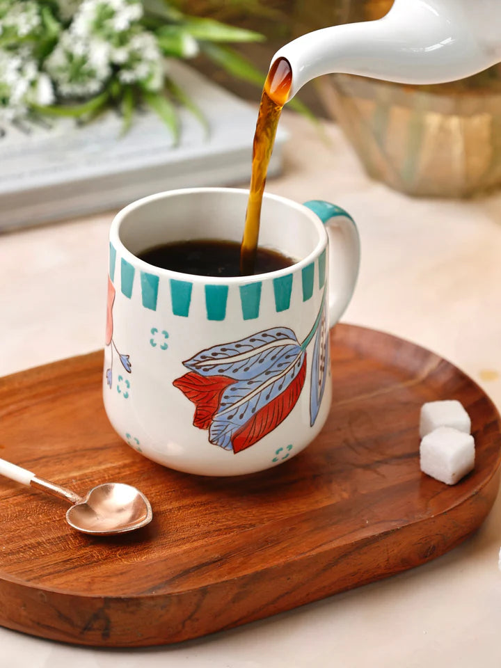 Stripe And Stem Handpainted Ceramic Coffee Mug - 4.72 x 3.15 x 3.54 Inches , 10 oz (Set of 4)