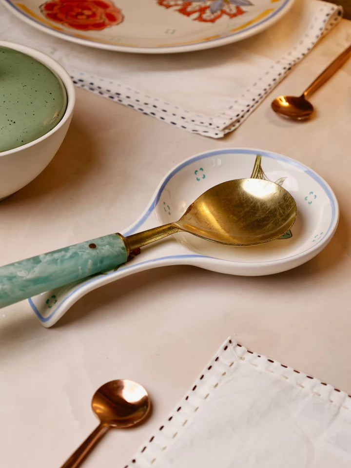 Stripe And Stem Handpainted Ceramic Spoon Rest - 8.85 x 4.72 x 1.18 Inches (Set of 2)