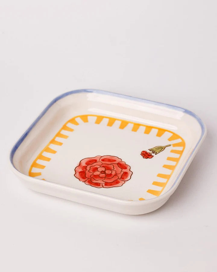 Stripe And Stem Handpainted Ceramic Square Snack Plate , 6.10 x 6.10 x 1.18 Inches (Set of 2 )