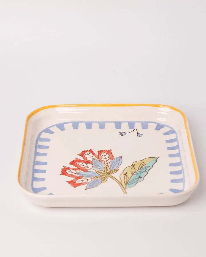 Stripe And Stem Handpainted Square Platter , 8.07  8.07 x 1.18 Inches (Set of 2)