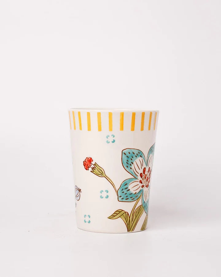 Stripe And Stem Tall Handpainted Ceramic Coffee Mug - 4.72 x 3.35 x 4.34 Inches , 12 oz (Set of 4)