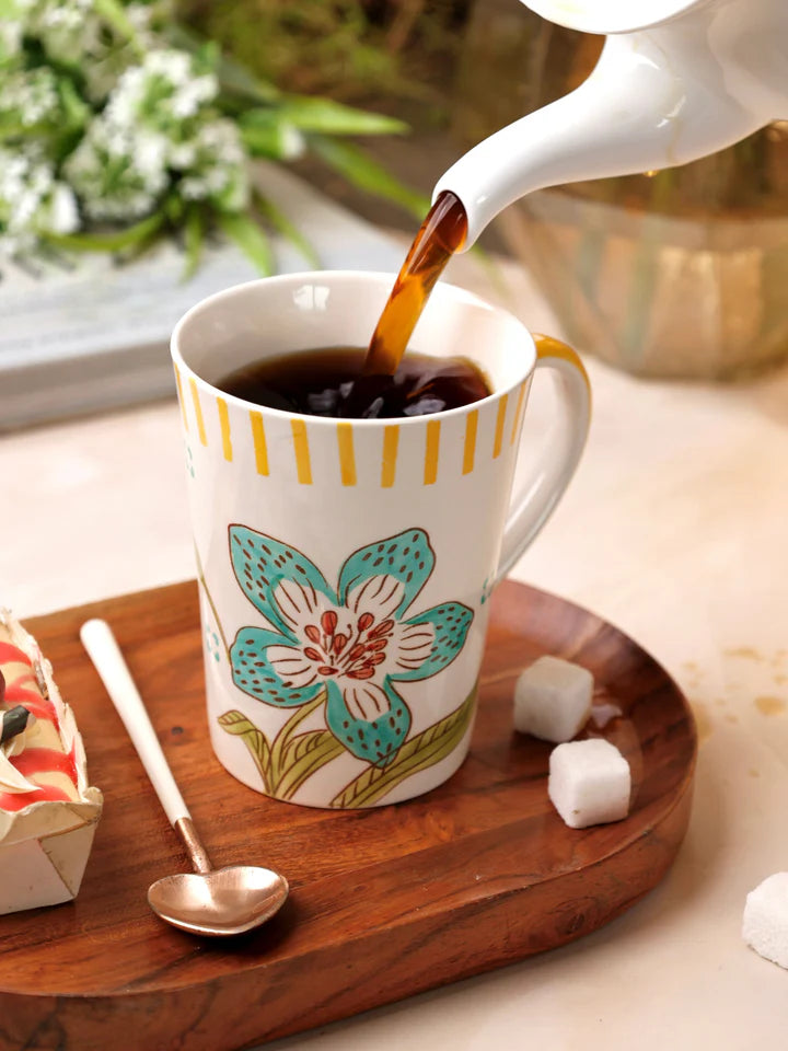 Stripe And Stem Tall Handpainted Ceramic Coffee Mug - 4.72 x 3.35 x 4.34 Inches , 12 oz (Set of 4)
