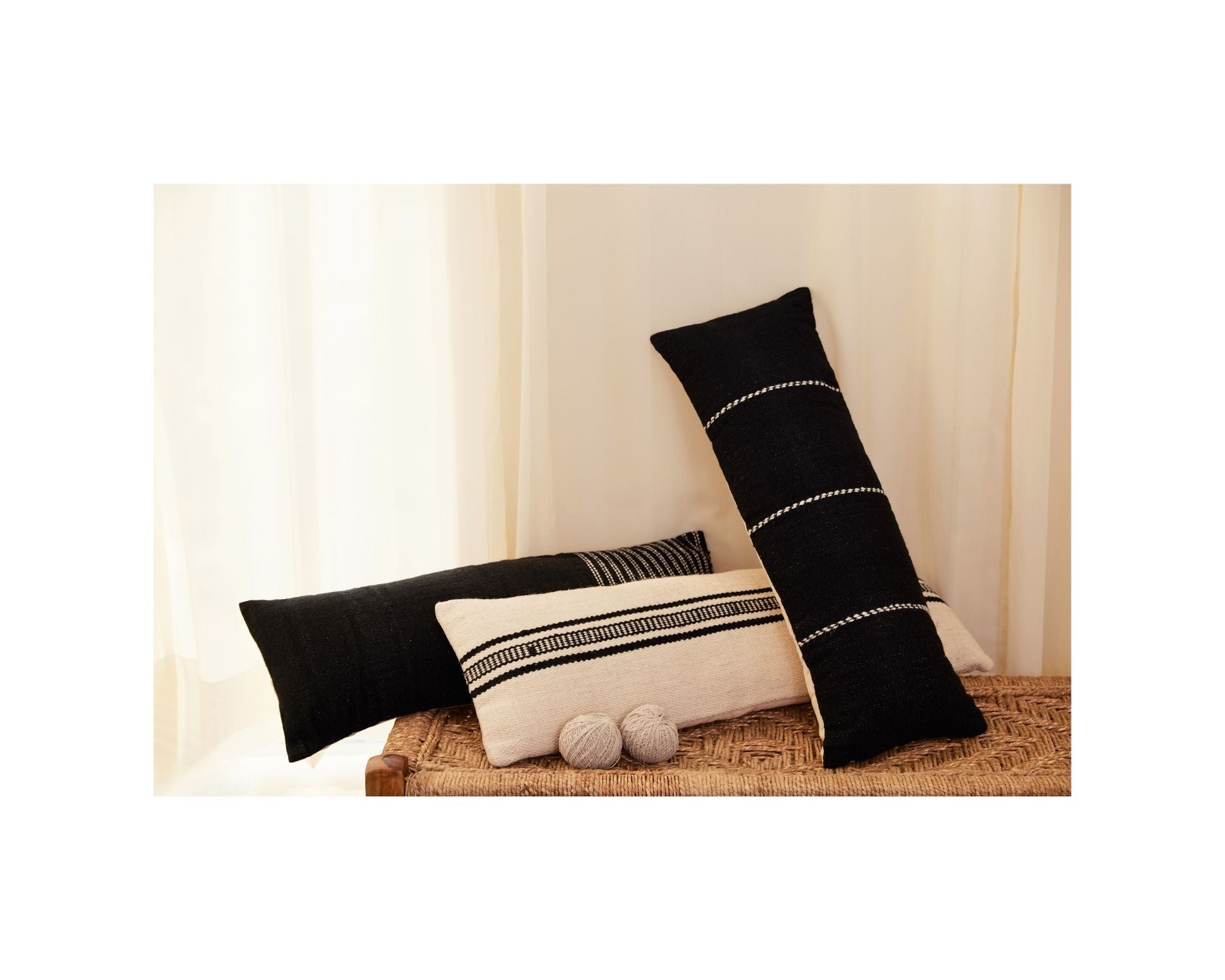 GoodWeave Certified Stripe Lumbar Wool Pillow - Black, 12x34 Inch
