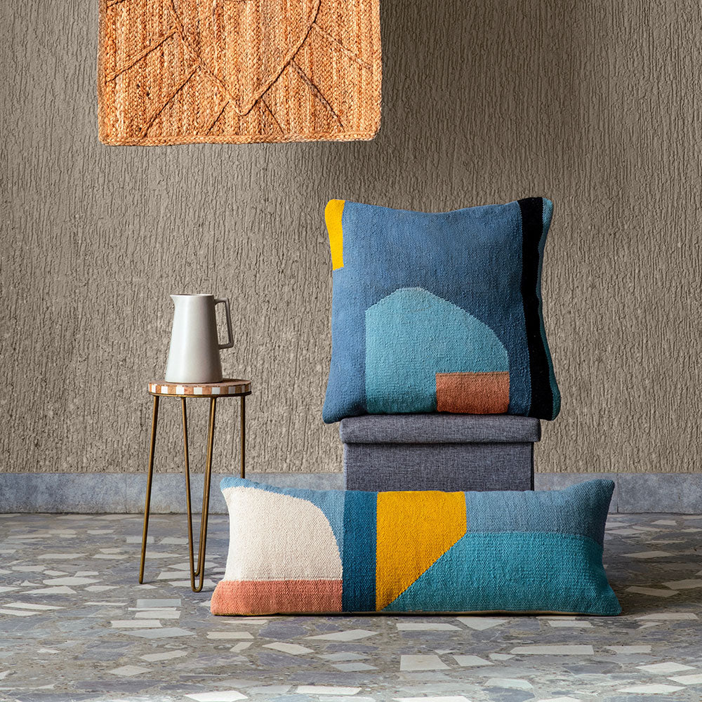 Handmade Geo Shapes Lumbar Cushion, Multi Blue - 12x30 inch